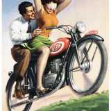 Nel 1947 riprese a pieno ritmo la sua attivit� di pubblicitario, realizzando r�clame per importanti marchi: dalle moto Gilera (manifesto conservato al Museo Nazionale Collezione Salce di Treviso)